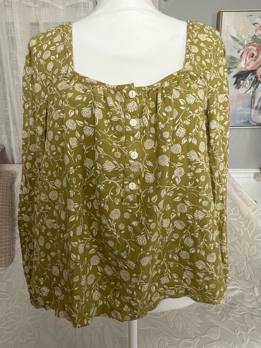 a.n.a Olive Green Floral Button-Front Square Neck Blouse